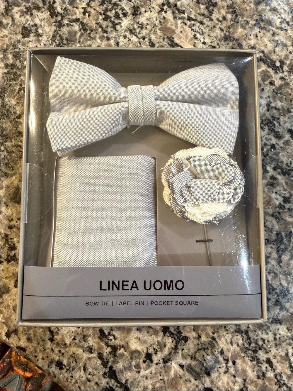 Linea Uomo Silver Pocket Square Set with Bow Tie & Lapel Pin